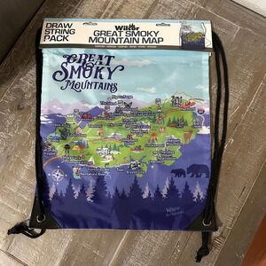 Wilcor Great Smoky Mountain Map Drawstring Pack Blue Cinch Closure Souvenir NWT